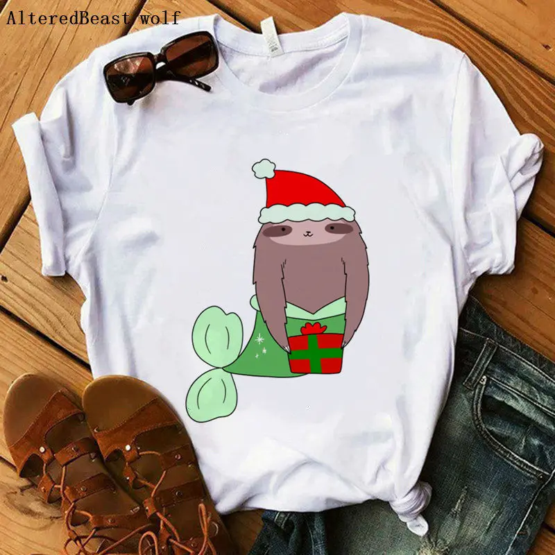 Рождественская футболка с надписью Русалка Ленивец модель 2019 года женская