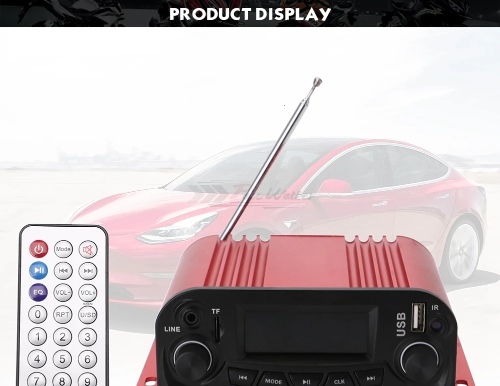Красный Профессиональный усилитель мощности мотоцикла автомобиля usb аудио FM радио с ЖК-дисплеем