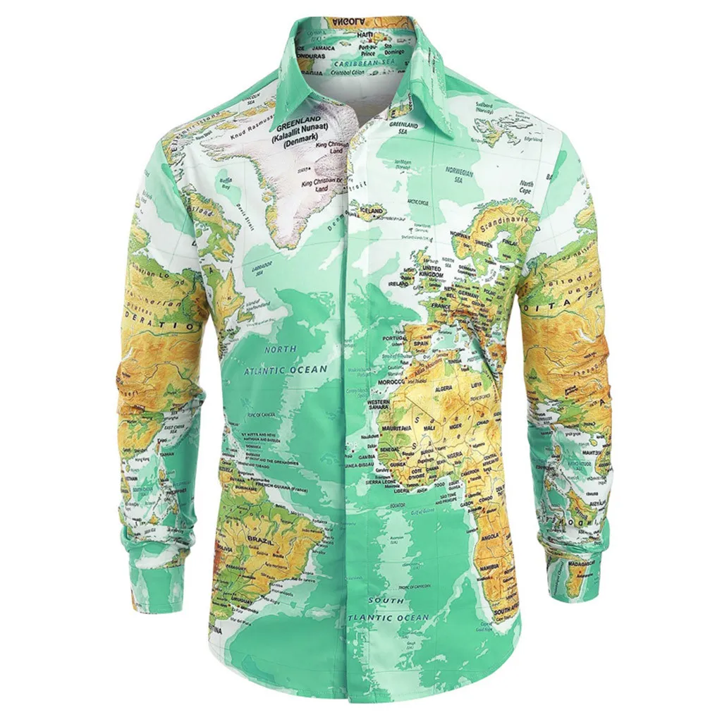 

Holiday Mannen World Map Print Verborgen Button Shirt Lente Lange Mouwen Revers Casual Shirts Heren Tops Hawaiiaanse Vakantie Kl