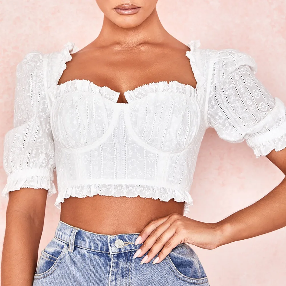 2019 летние новые сексуальные блузки и топы с белыми цветами винтажным квадратным