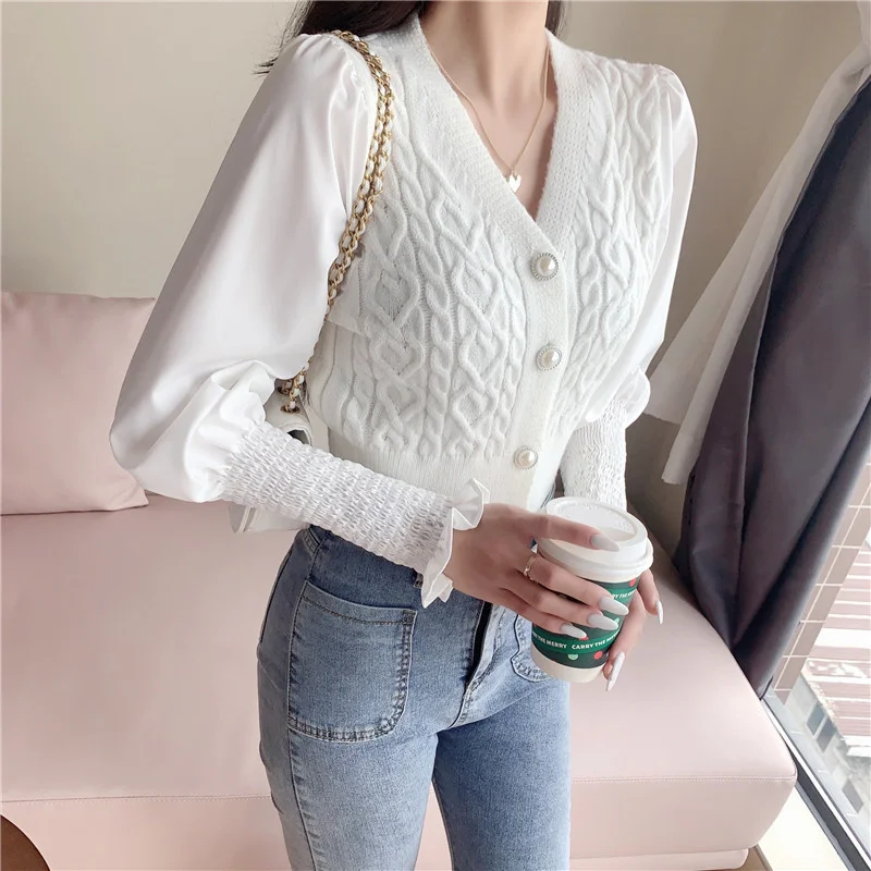 

Женский однобортный трикотажный кардиган с V-образным вырезом и высокой талией