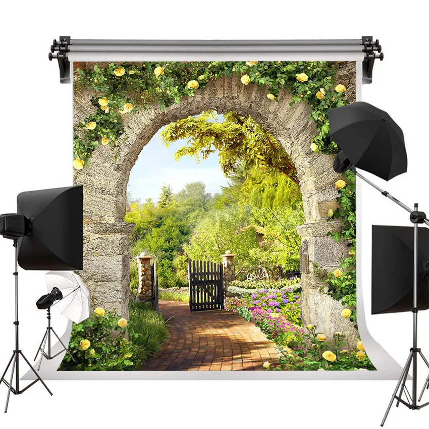 

Spring Photo Background Spring Garden Park Arched Door Flowers Castle Photography Backdrop Wedding Studio Photo Shoot Photocall
