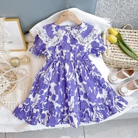 2022 summer kids dresses for girls purple flower lace collar short sleeve princess dress vestidos fashion children costume
