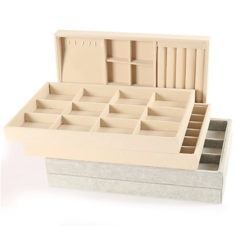 

Beige Velvet Jewelry Tray Jewellery Organizer Storage Box Watch Holder Necklaces Rings Earrings Pendants For Women Stand Series
