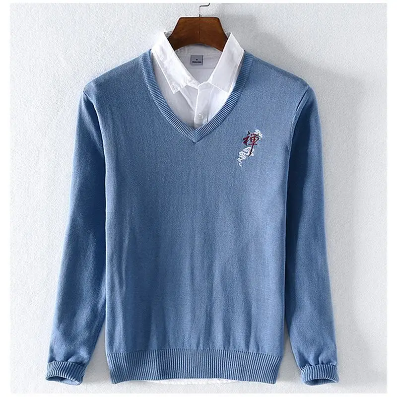 High Quality Chinese-Style Mens Long Sleeve V-Neck Sweaters 100% Cotton Casaul knitted Clothes Fashion Slim Male Tops | Мужская одежда