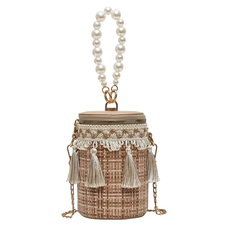 

2021 Fashion National Girls Women Handbags Contrast Color Lattice Pearl Female Portable Messenger Bucket Bags