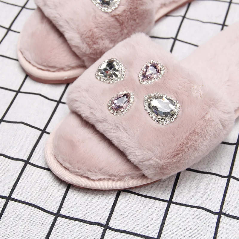 

Fashion Women Crystalhouse Slippers Women Winter Women Indoor Slippers Woman Slip On Flats Slides Female Faux 2020 Fur Slippers