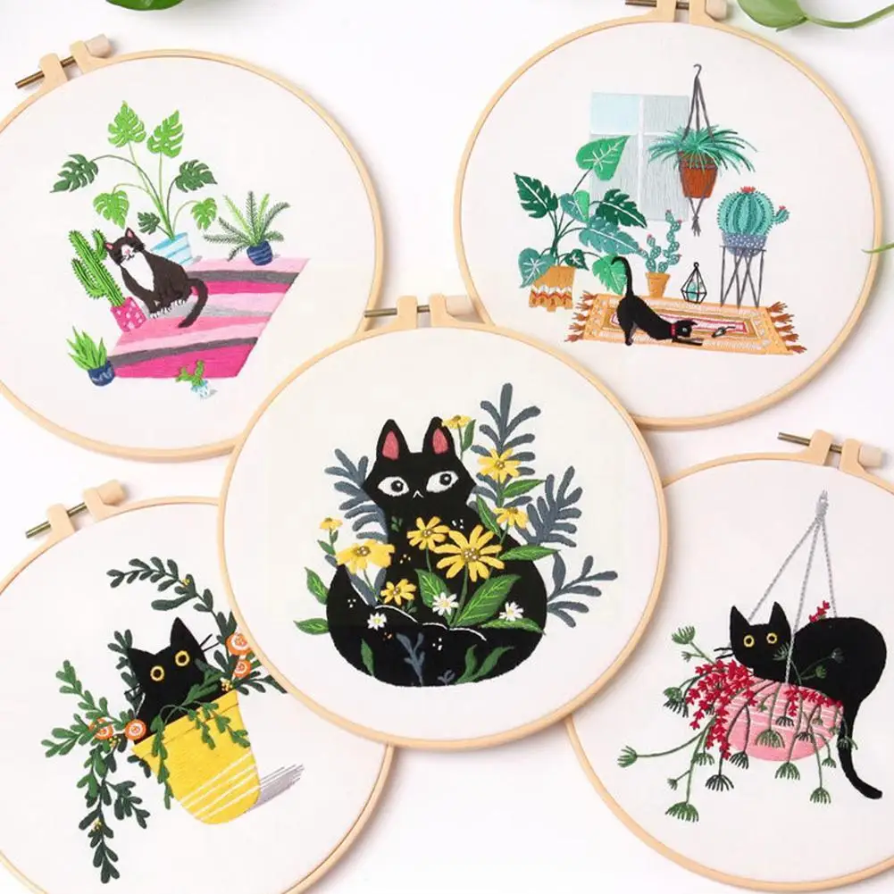 

Black Cat DIY Embroidery Kit With Hoop Bastidor Para Bordar Cross Stitch Set Punch Needlework Tools Borduur Pakketten Kruis F1T1