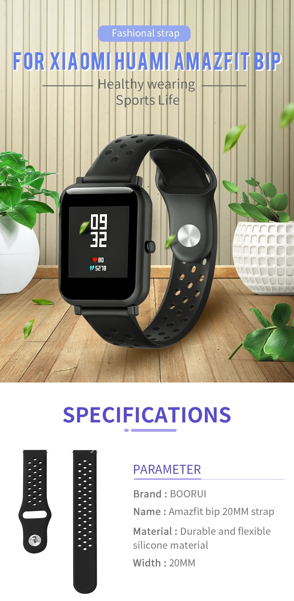 BOORUI Amazfit Bip ремешок спортивный дышащий силикон 20 мм ремешок для Xiaomi Huami Amazfit Bip BIT Lite Youth Smart Watch