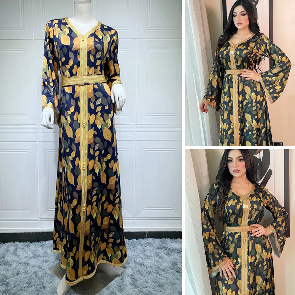 Роскошное Элегантное Длинное Платье с принтом для мусульманской женщины, Дубай, кафтан Eid Рамадан, макси-халат Jalabiya, Арабская абайя с V-образ...