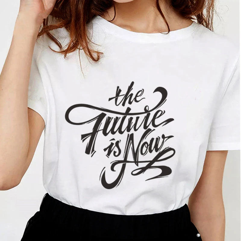 Футболка женская с принтом будущее сейчас модный топ из мягкого хлопка модная
