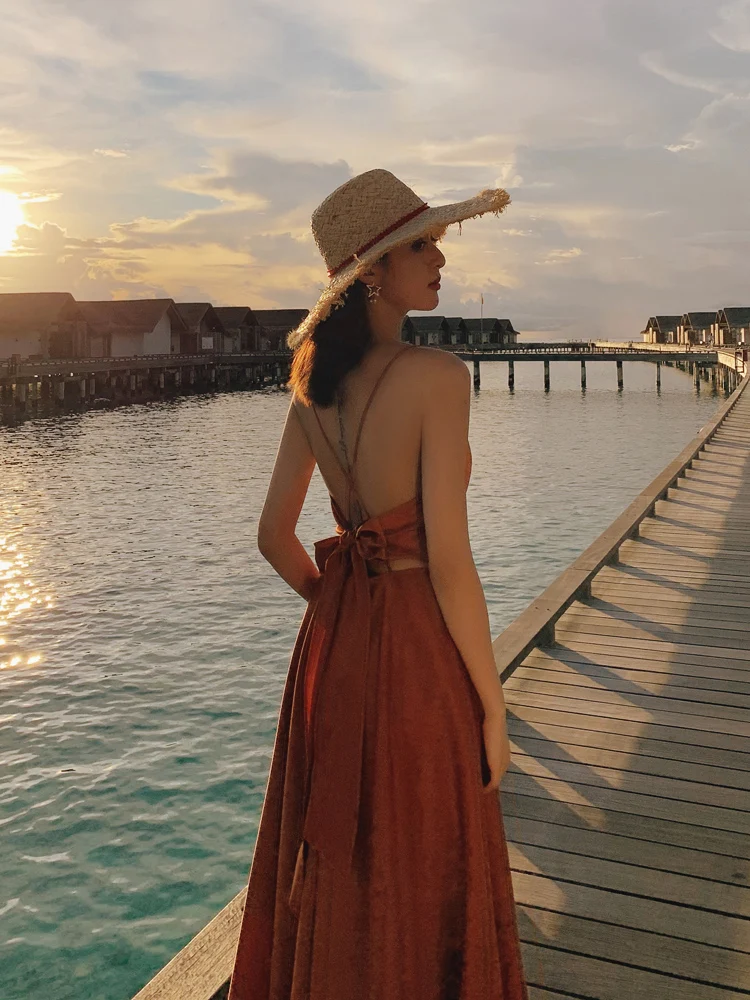 

Beach Skirt Seaside Sexy Open Back Holiday Skirt Show Thin Cover Meat Suspender Long Skirt Women Summer