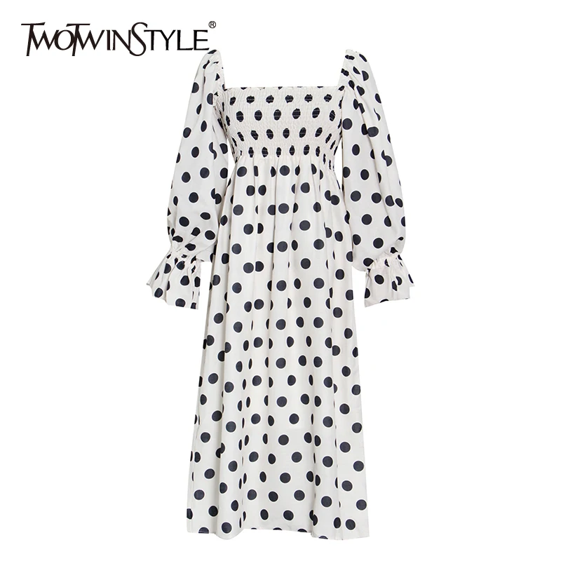 

TWOTWINSTYLE Polka Dots Dress For Women Square Collar Puff Long Sleeve Colorblock Mid Casual Dresses Female 2021 Summer Clothing