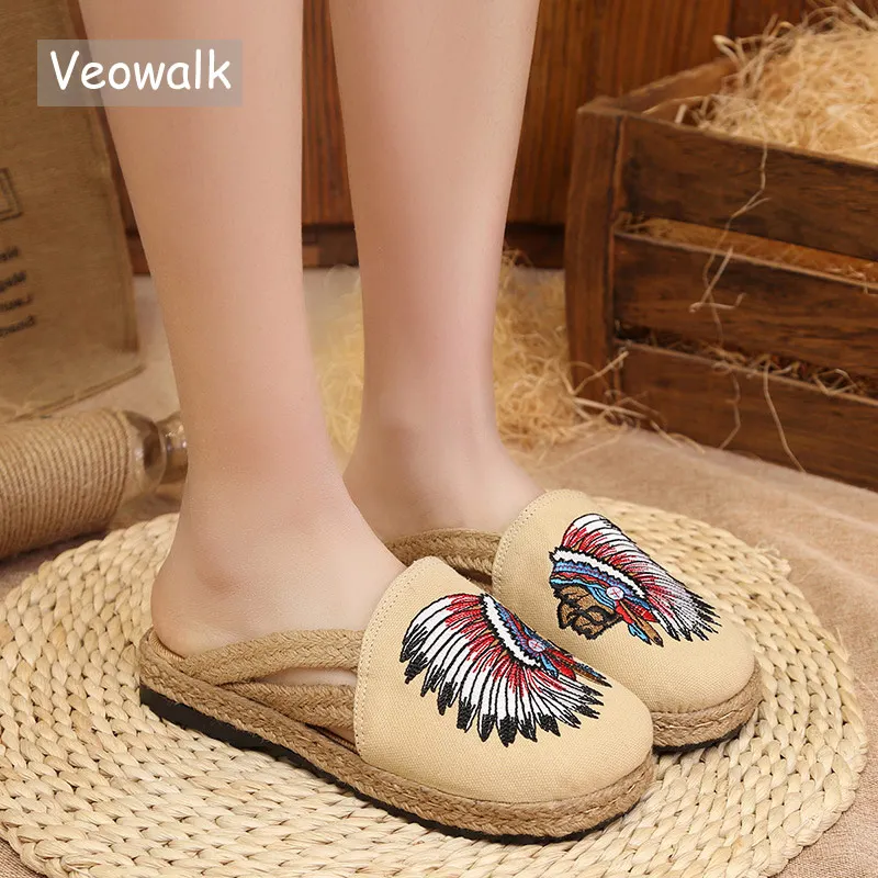 Сланцы Veowalk женские хлопковые сандалии с вышивкой в виде индейцев без застежки