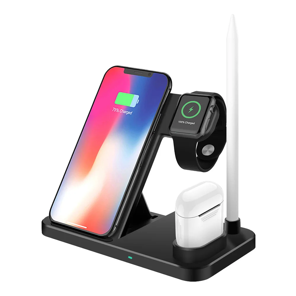 FDGAO 4 в 1 зарядная док-станция Подставка держатель для ручки USB C Складная 10 Вт Быстрое беспроводное зарядное устройство Qi для IPhone 11 Pro XS Max XR X 8 Apple Watch 5 4 3 2 1 Airpods samsung S10 S9 s8 Plus Note - Тип штекера: Black