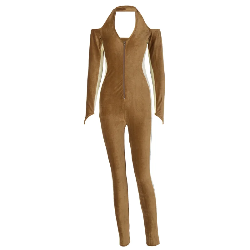 

Oluolin Women Sexy Jumpsuit Streetwear Long Sleeve Bodycon Zippers Winter Sport Fitness Off shoulder Bodysuits Outdoor Wear