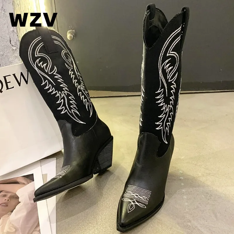 

Женские ковбойские сапоги из микрофибры, с острым носком, на танкетке