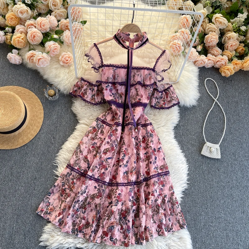 

States heavy wind net yarn lace embroidery flower temperament collar short sleeve falbala big pendulum women dress