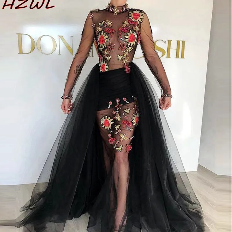 

Sexy Illusion Prom Dresses With High Neck Appliques Beads Overskirts Evening Dress See Through Tulle African платье Party Gowns