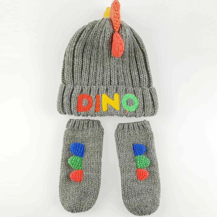 

Winter Hat Gloves Set Boy Kids Beanie Mittens Animal Dino Warm Autumn Skiing Accessory For Baby Toddlers Outdoors