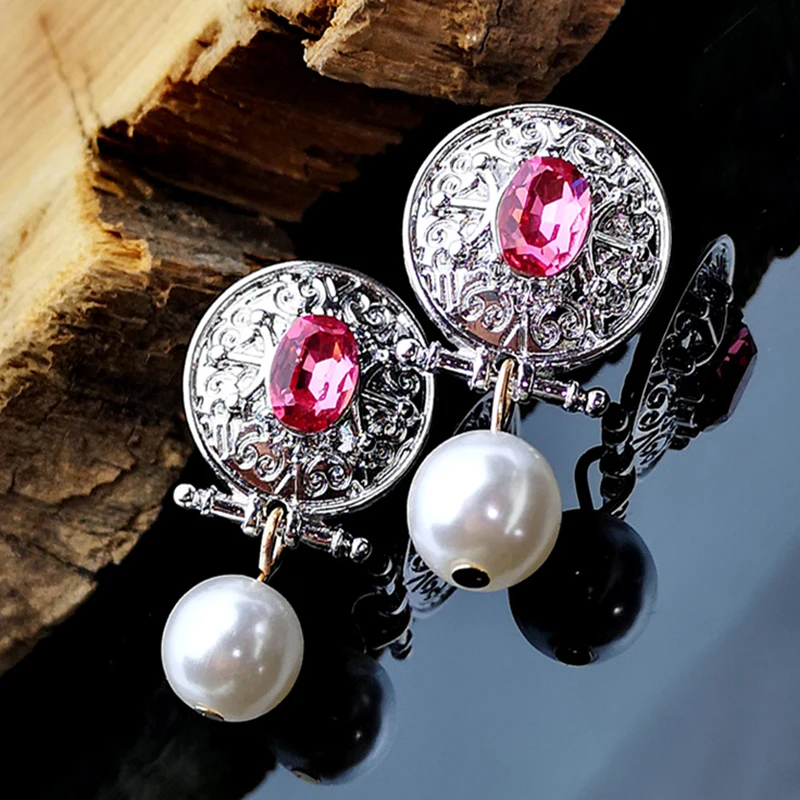 Винтажные серьги Модные античные серебряные круглые подвеска с искусственным