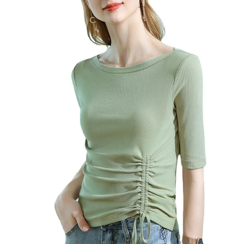 

Modal base shirt women's spring women's 2021 new clavicle T-shirt one shoulder drawstring 5 / s top