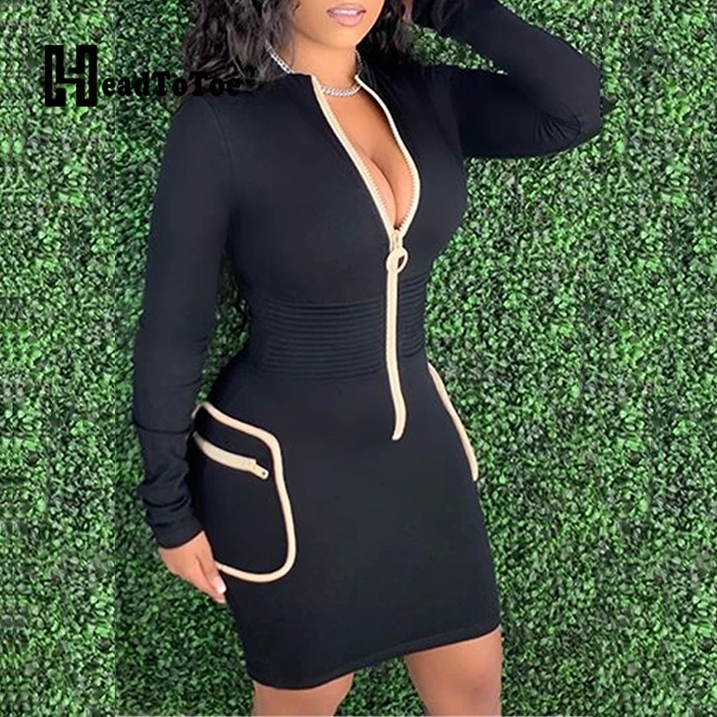 

Solid Zip Pocket Casual Fashion Woman Dress Full Sleeve Stand Collar Above Knee Skinny Slim Bodycon Dress