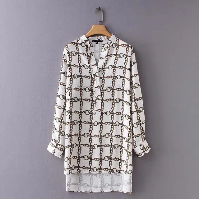 Женская винтажная длинная блуза с v образным вырезом и принтом в виде цепочки