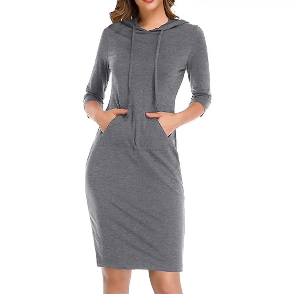 Весенне осенние женские платья с рукавом три четверти капюшоном на завязках