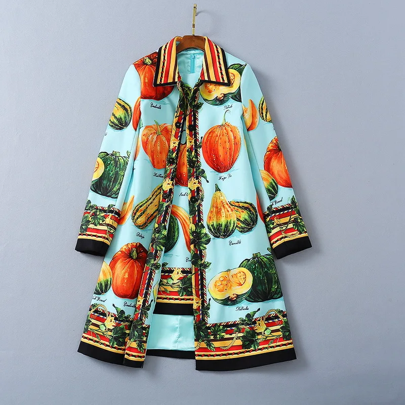 

European and American women's wear 2020 winter new style Long sleeve lapel fine buttons Fashion pumpkin print woolen coat