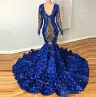 Блестящие Ярко-голубые блестящие вечерние платья с длинным рукавом и золотыми блестками, V-образным вырезом и юбкой-годе, официальные платья с розовым цветком 2021
