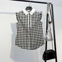 plaid womens blouse 2022 summer japanese style casual loose lapel sleeveless single breasted fashion simplicity female tops