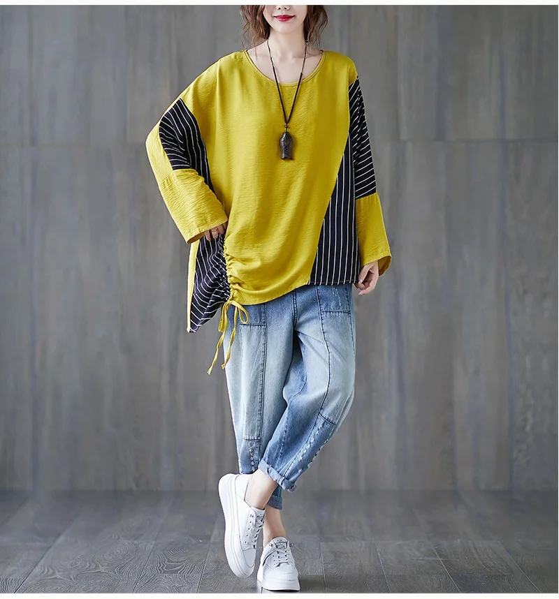 

korean style cotton plus size vintage stripe autumn casual loose tee t shirt women t-shirt ladies tshirt clothes 2021 tops