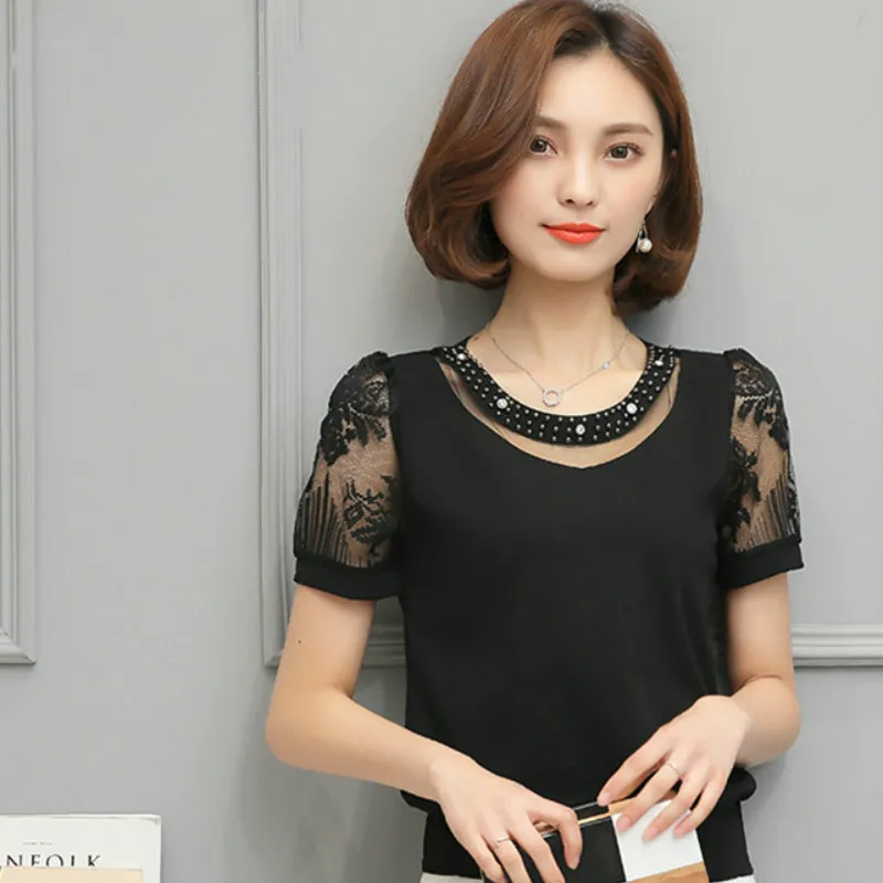

Chiffon Shirt summer Newest fashion Sweet Hollow Shirt short Sleeve Stitching Lace Blouse Female Sexy Women tops