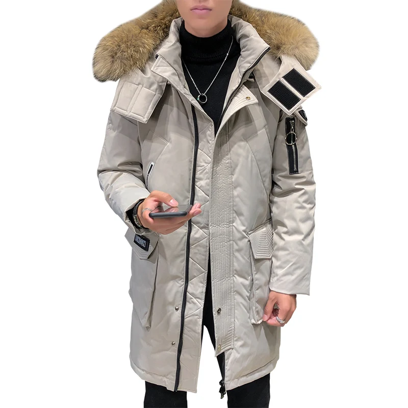 Пуховик мужской с капюшоном и меховым воротником теплая уличная куртка на белом