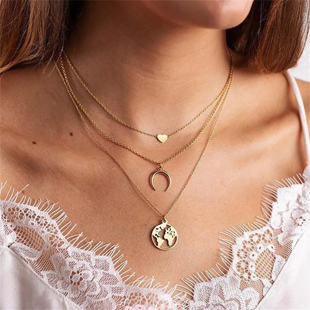 Heart Necklaces for Women Fashion Gold Chain Long Moon Map Statement Necklace Multilayer Pendant Bohemia Choker Jewelry | Украшения и
