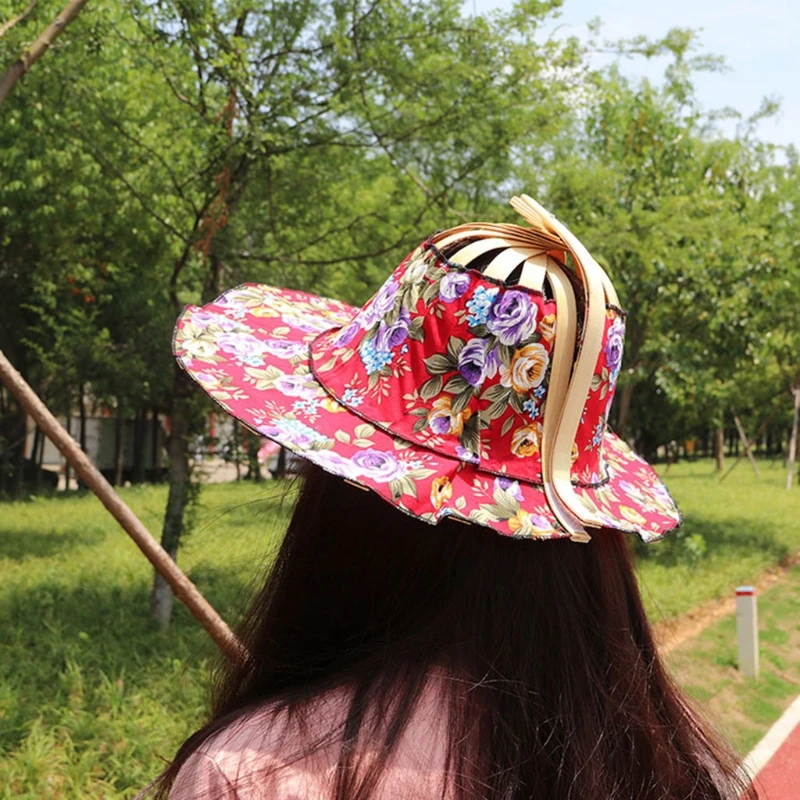 

Bamboo Foldable Hand Fan Sun Hat Women Sunhat Hat with 2 in 1 Foldable Chinese Style Bamboo Frame Floral Printed