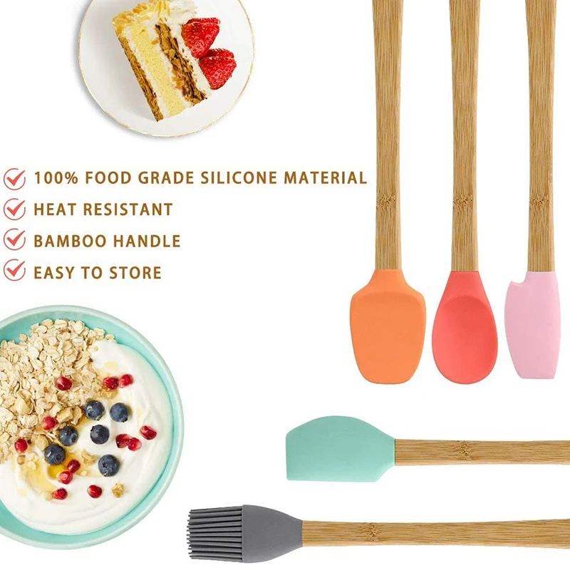 Силиконовая лопатка набор из 5 шпателей для выпечки с бамбуковыми ручками