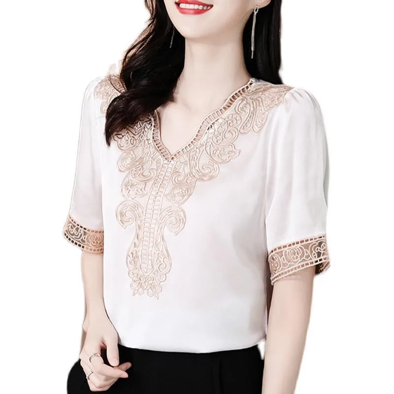 

Fashion Embroidery Blouse White Shirt Women Casual V-Neck Satin Office Lady Tops Blusas Mujer De Moda Loose Black Blouses Q4505