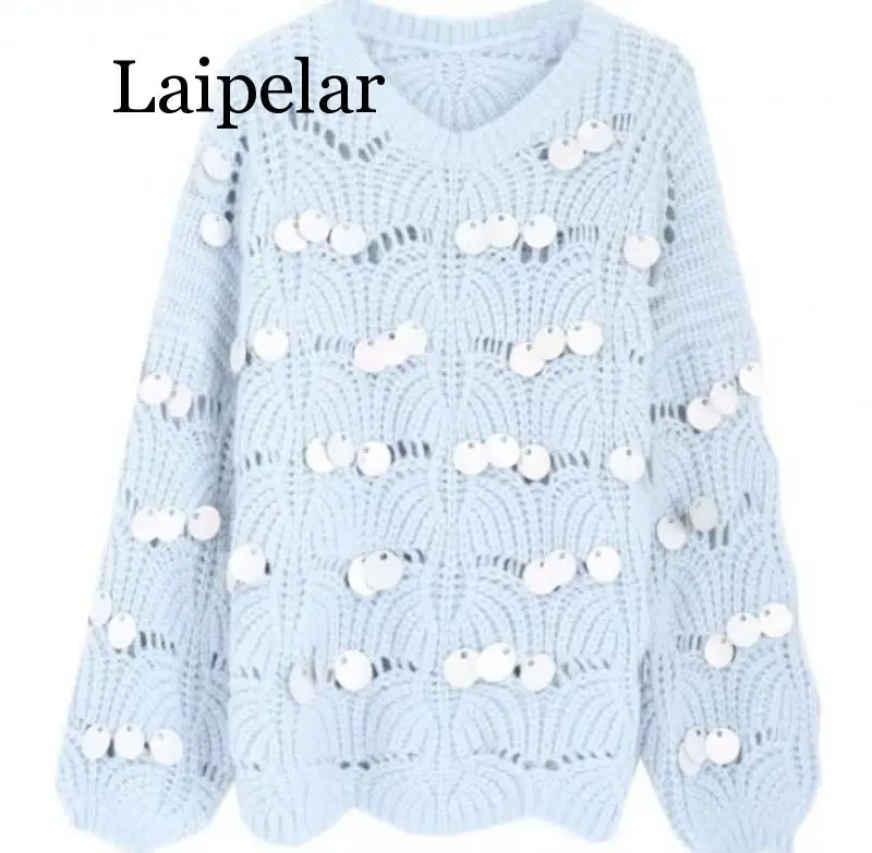 Woman hook Hollow out Sequins Sweater thin loose Holes Pullover bat Sleeved Beading Shirt sequined blouse Oversize Smock 2019 | Женская