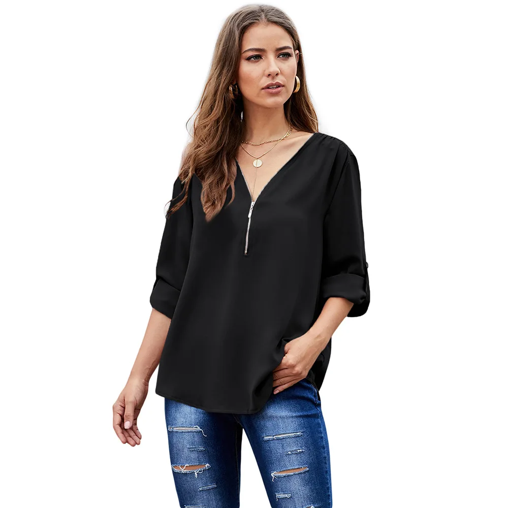 

shirts blouse women clothes Beach Style Chiffon Full Solid V-Neck women clothes