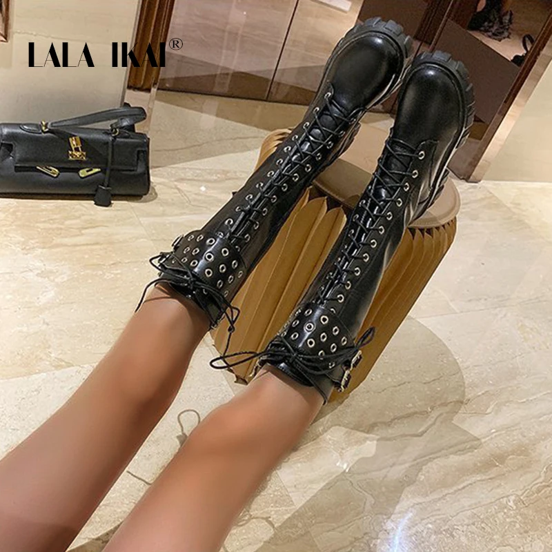 LALA IKAI Women's Rivet Knee Boots High Long Thick Heel Lace-up Boot Slip-on 2020 Fashion Female Autumn Winter XWC10329-4 | Обувь