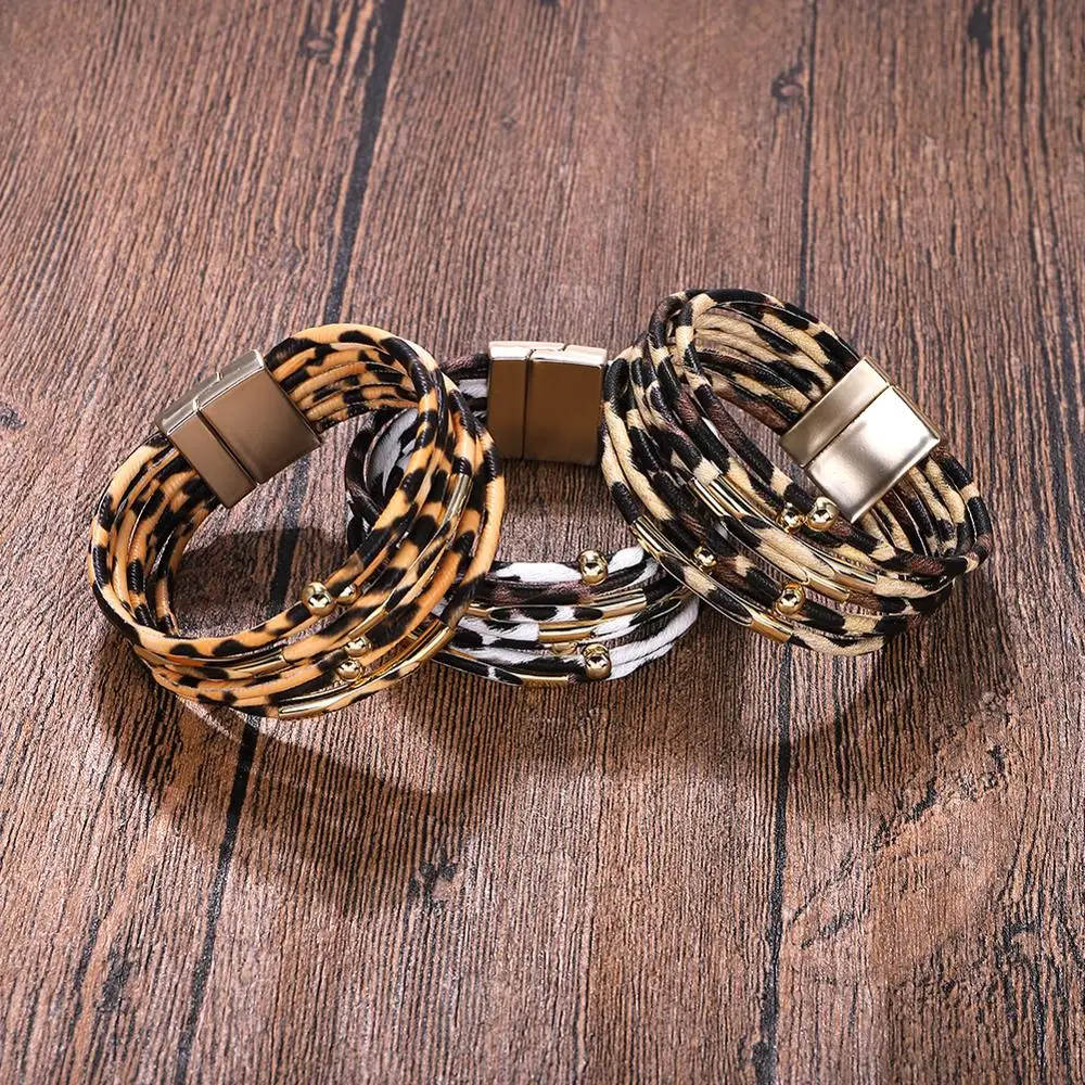Леопардовые кожаные браслеты для женщин 2019 модные и элегантный многослойный