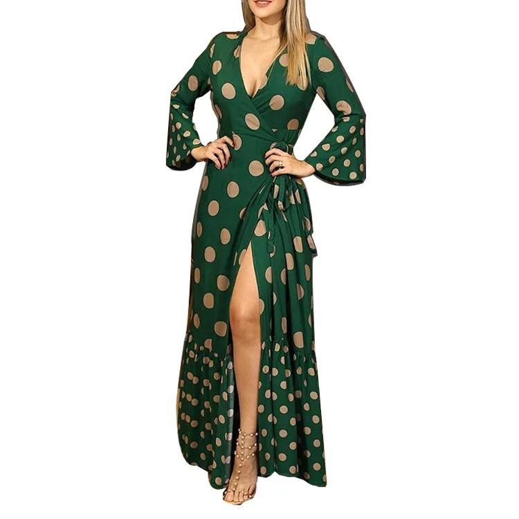 

Foreign trade women's cross-border AliExpress wish Amazon autumn and winter long sleeve strap V-neck printed dress women's dress