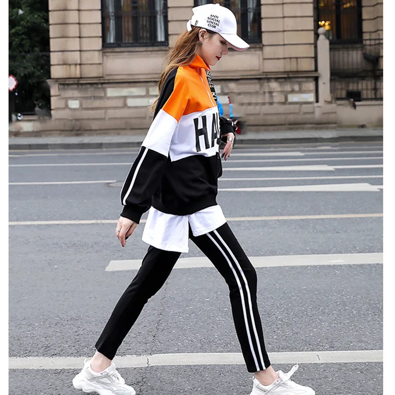 Женский повседневный костюм 2019 спортивный женский осенний из двух частей цвета с