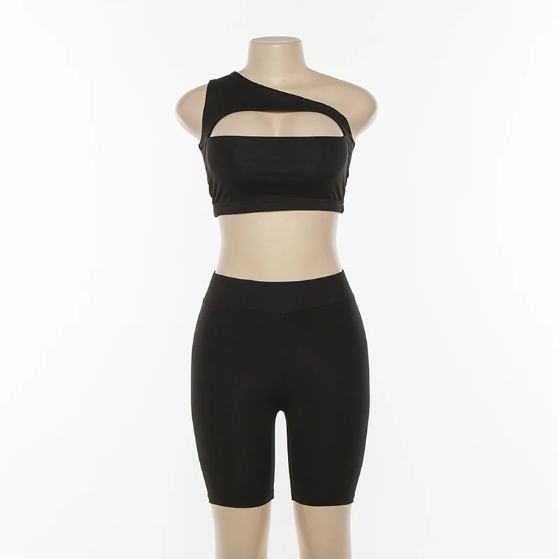 

Sexy One Shoulder Tank Top Shorts Two Piece Set Women Sleeveless Hollow Out Top and Pants Womens 2PCS Set