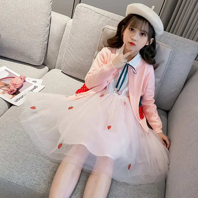 

Knitting Spring Autumn Girls Suit Coat +Dress 2Pcs/SetsTeenage Children's School ClothingStrawberry Pink Beige High Quality