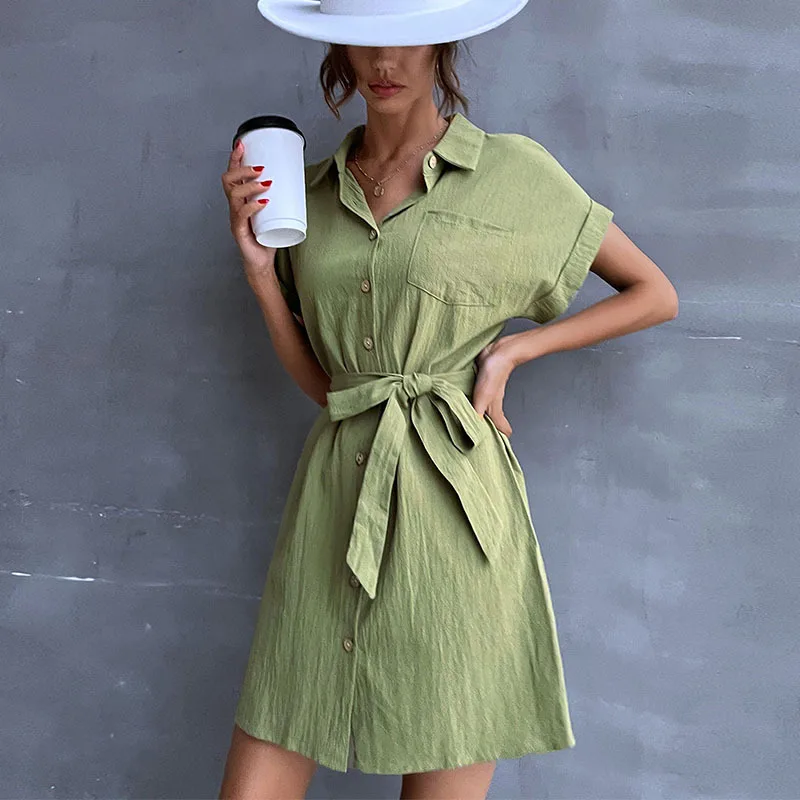 

Women clothing spring summer 2022 Short sleeves Shirt skirt Cotton and linen dress vintage green dress