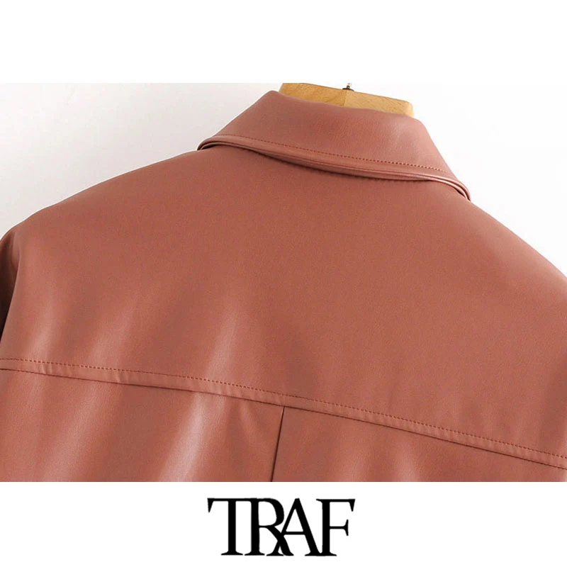 

TRAF Women Fashion Faux Leather Pockets Loose Jacket Coat Vintage Long Sleeve Pockets Female Outerwear Chic Tops