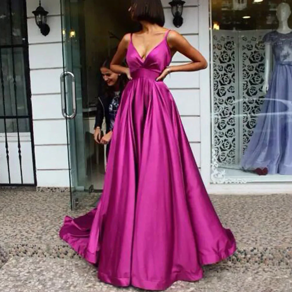 

New V-Neck Satin Evening Gowns Long Empire Formal Evening Styles Train Novia Prom Gown custom made Sexy Fuchsia Evening Dress